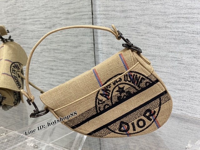 Dior專櫃2022新款星星刺繡花紋女包 迪奧Saddle bag棉麻刺繡馬鞍包 fkd1596